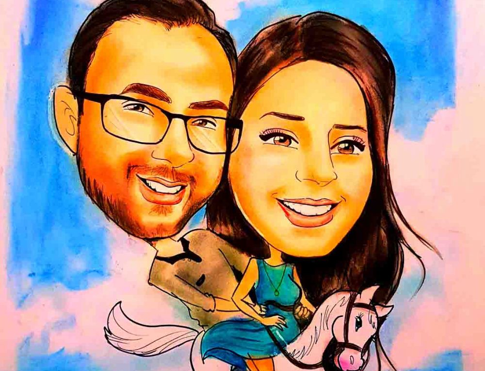 ציור קריקטורה מיוחדת בעבודת יד כמתנה מיוחדת לזוג – מהקריקטוריסטית בתאל